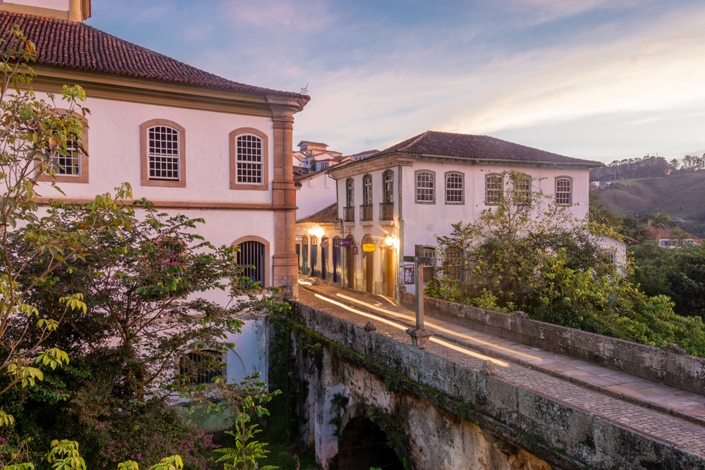 Beautiful landscape of colonial style buildings and old bridge i